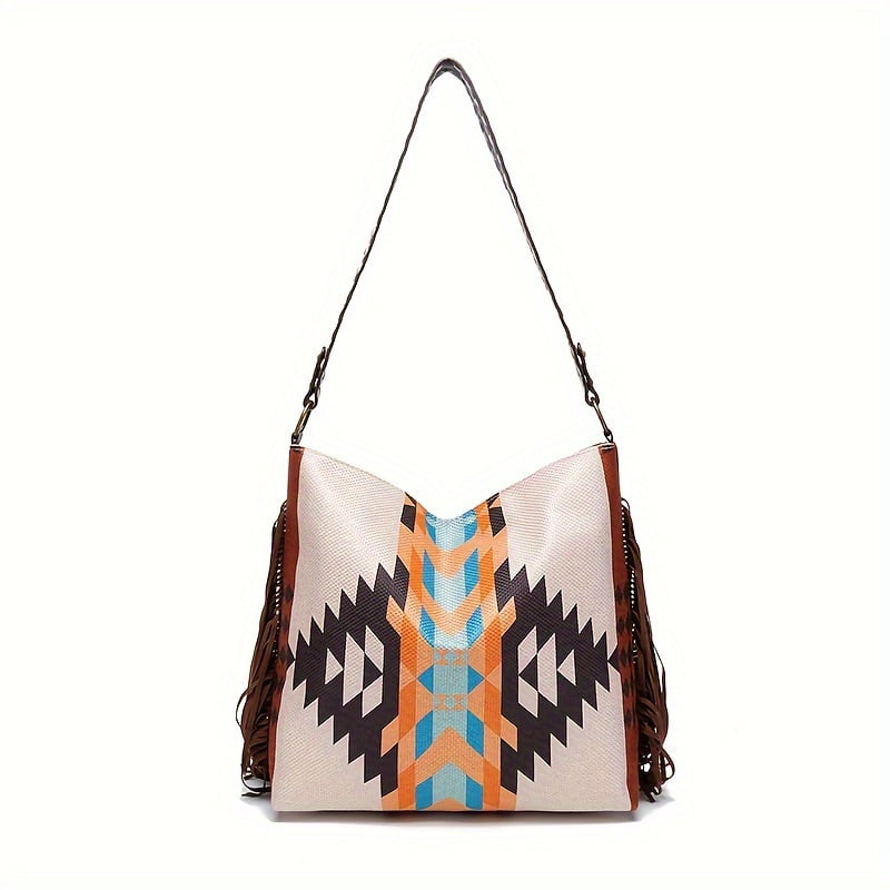 Summer Woven Straw Bag, Boho Style Tassel Decor Tote Bag, Retro Travel