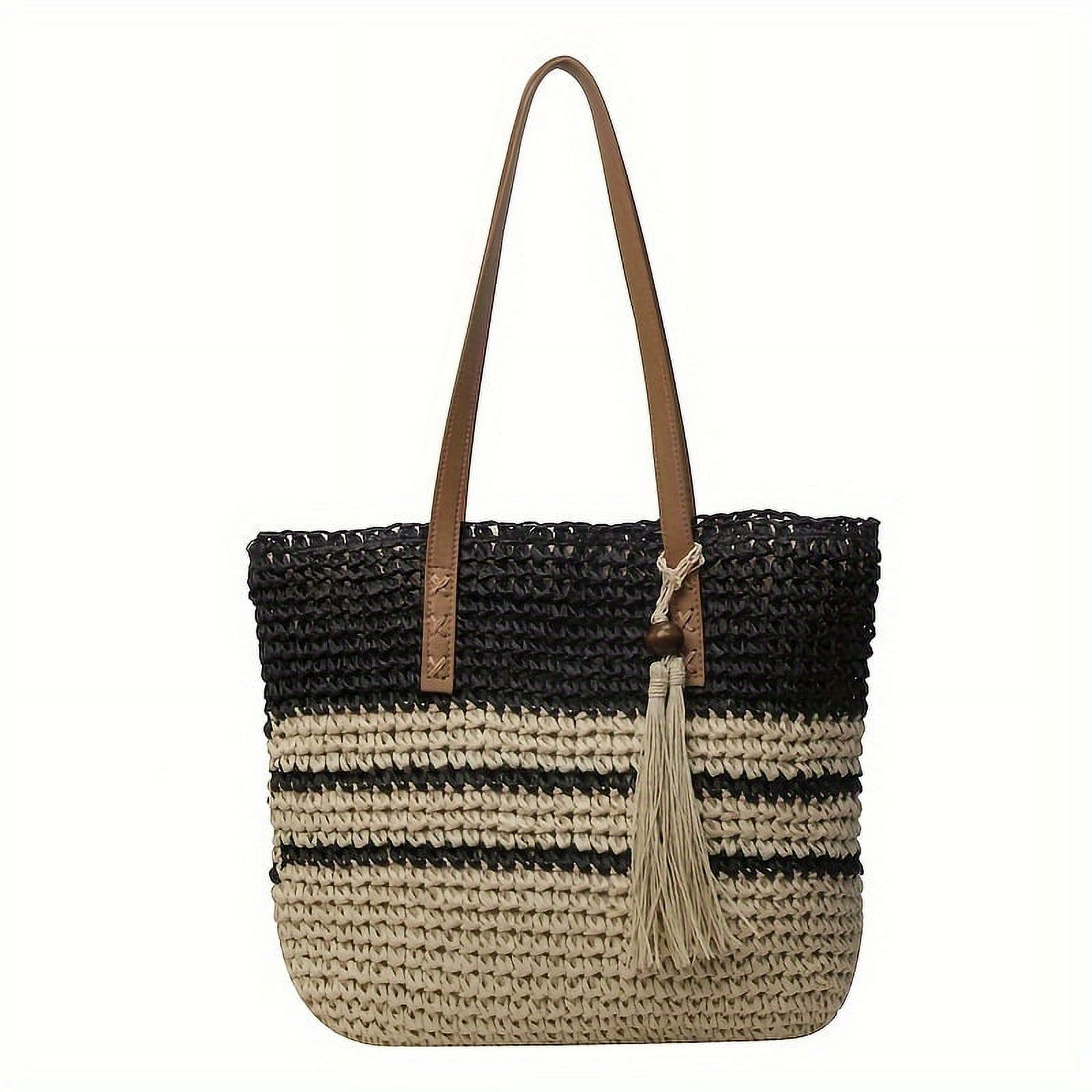 Summer Woven Straw Bag, Boho Style Tassel Decor Tote Bag, Retro Travel