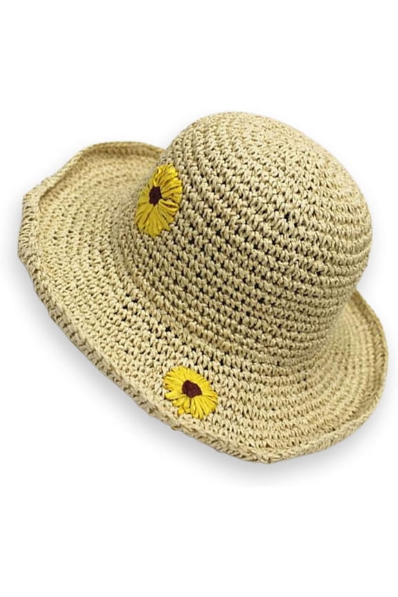 Summer Woven Straw hat Sun Flower Straw hat with Small Yellow Flowers Sun hat