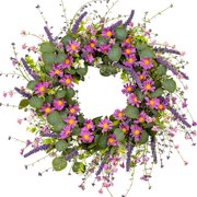Summer Wreath for Front Door, 26 in Purple Daisy Wildflower | Artificial Green Eucalyptus Leaves, Lavender, Berries, Silk Floral, Handmade, Indoor Outdoor Porch, Year Round Home Decor