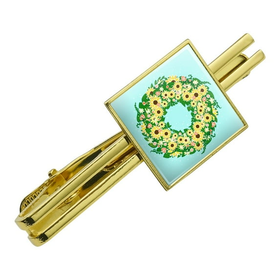Summer Wreath Sunflowers Square Tie Bar Clip Clasp Tack- Silver or Gold