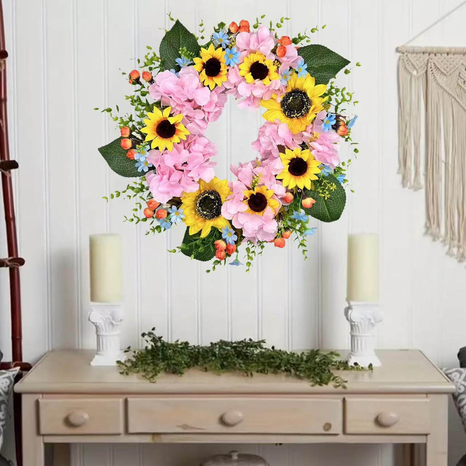 LOKEINSA 22 Inch Artificial Daisy Wreath - Yellow & Orange Summer Door Wreath