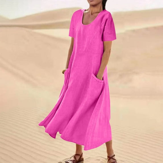 Summer Xqxayjr Ladies Wedding Guest Dresses Summer Under $10 Casual Loose Round Neck Short Sleeve Flowy Swing Pocket Cotton Linen Long Shirt Sundress Holiday Western Dress