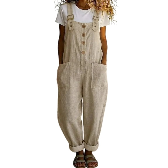 Summer Y2K Jumpsuits for Women, Suspender Strap Loose Linen Overalls, Baggy Distressed Jeans Wide Leg Jumpsuit Pants, Boho Harem Pants Summer Vacation Outfits,BeigeL