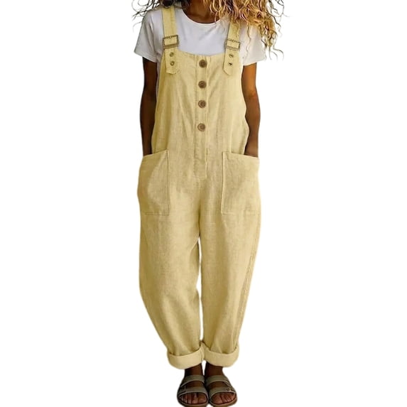 Summer Y2K Jumpsuits for Women, Suspender Strap Loose Linen Overalls, Baggy Distressed Jeans Wide Leg Jumpsuit Pants, Boho Harem Pants Summer Vacation Outfits,Light Yellow3XL
