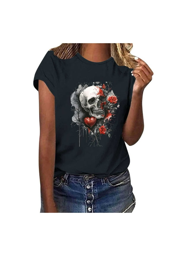 Summer Y2k Tops for Women Gothic Skull Shirts Vintage Graphic Short Sleeve Tee Causal Crew Neck Cotton Tshirts