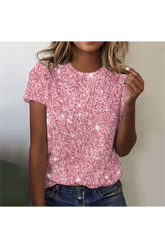 Summer YANHAIGONG Plus Size Sequin Tops,Plus Size Spring Glitter Tops,Women's Glitter Sparkling Crystal Printed Tops ,Summer Womens Sparkly Tops Short Sleeves Round Neck Sparkly Shirt Blouse