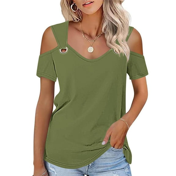 Summer YANHAIGONG Women's Solid Cold Shoulder Tops and Blouses,Women Summer Casual O Ring Tie Dyeing Gradient Cold Shoulder T Shirt ,Women Short Sleeve V Neck T Shirts Basic Summer Tunic Tees
