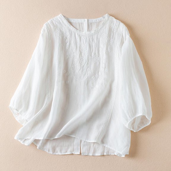 Summer YANHAIGONG Womens Cotton Linen Boho Tunics,Cotton Linen Floral Shirts For Women Button Down,Casual Loose Women's Linen Embroidery Blouse Round-Neck Tunic Elbow Sleeve Shirts Tops