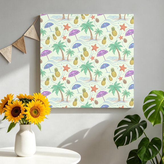 Summer Yellow Beach Canvas Wall Art, Coastal Ocean Coconut Tree Pineapple Umbrella Starfish Framed Canvas Wall Decor Picture Print Artwork Decorations for Living Room Office Ready to Hang 8" x 8"