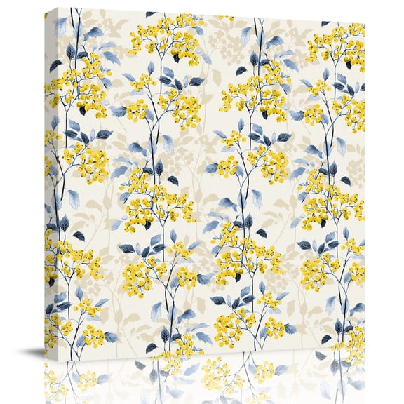 Summer Yellow Flower Leaf Plant Canvas Artwork Painting Art, Abstract Floral Square Framed Wall Decorations Prints Picture for Bedroom Kitchen Living Room, 16x16 in