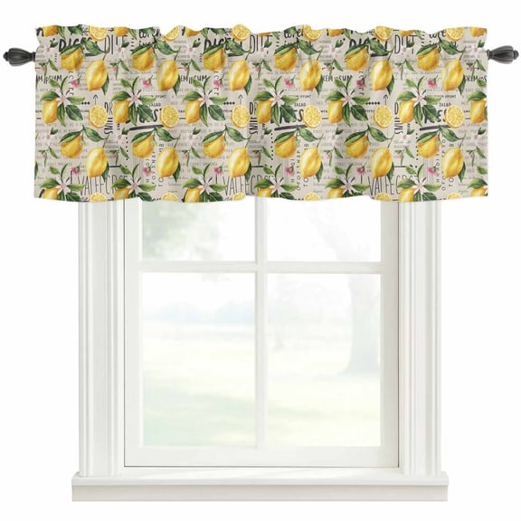 Summer Yellow Lemon Farmhouse Short Window Curtain Valances, Beige Vintage Pastoral Watercolor Rod Pocket Kitchen Valances for Living Room Bedroom Bathroom Cafe 42" x 18"