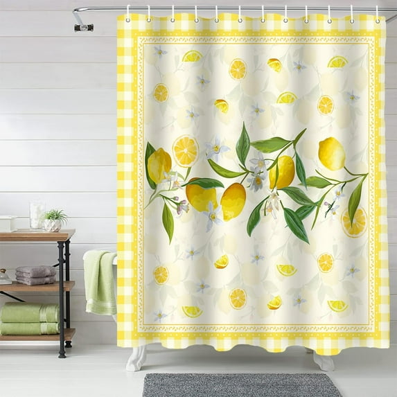 Summer Yellow Lemon Flower Shower Curtain, Buffalo Check Shower Curtain Set with Hooks, Spring Summer Waterproof Fabric Shower Curtains for Bathroom Decor, 72x72 Inch Bath Curtain