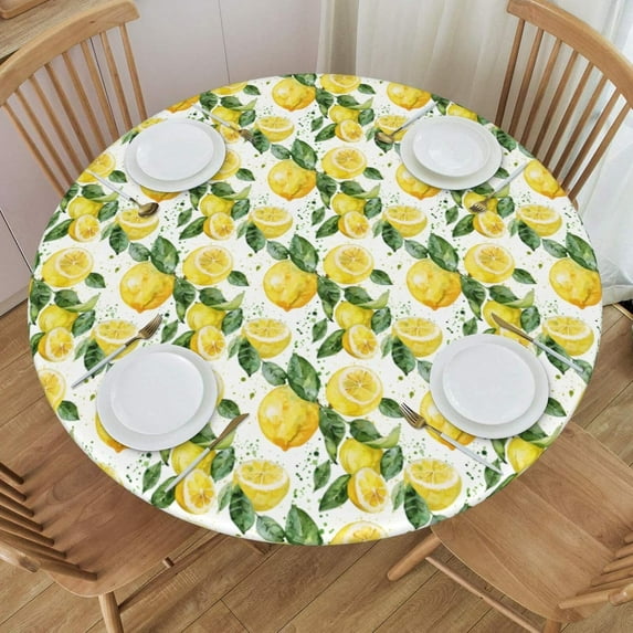 Summer Yellow Lemon Green Leaf Round Tablecloth Farmhouse Table Cover with Elastic Edge Washable Fitted Table Cloth for Kitchen Patry Outdoor Decor Fits 44", Medium