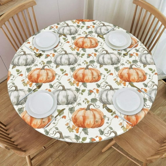 Summer Yellow Lemon Green Leaf Round Tablecloth Farmhouse Table Cover with Elastic Edge Washable Fitted Table Cloth for Kitchen Patry Outdoor Decor Fits 44", Medium