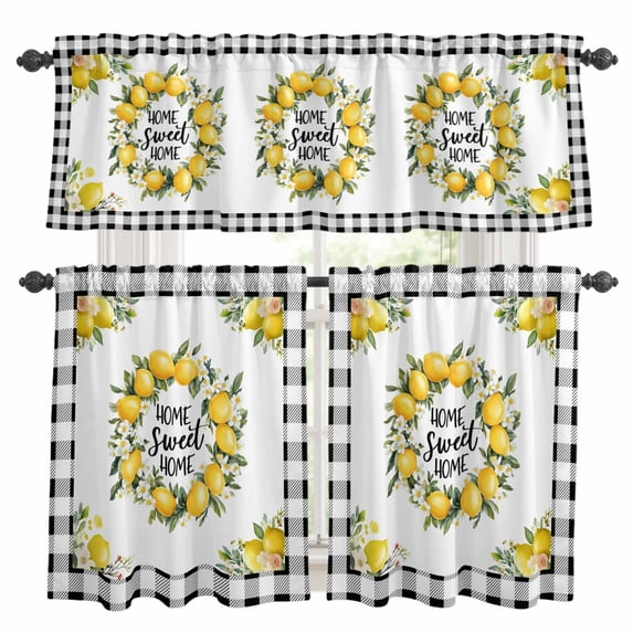 Summer Yellow Lemon Kitchen Curtains Sets for Windows 36 Inch Length, Black Buffalo Plaid Farmhouse Rod Pocket Window Treatments Tier Curtains and Valances Set for Bedroom/Bathroom