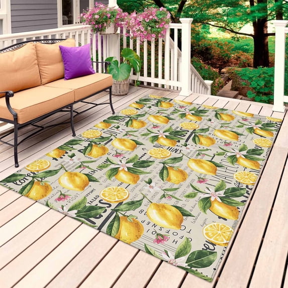 Summer Yellow Lemon Outdoor Rug for Patio/Deck/Porch, Non-Slip Large Area Rug 3 x 5 Ft, Beige Vintage Pastoral Watercolor Indoor Outdoor Rugs Washable Area Rugs, Reversible Camping Rug Carpet Runner