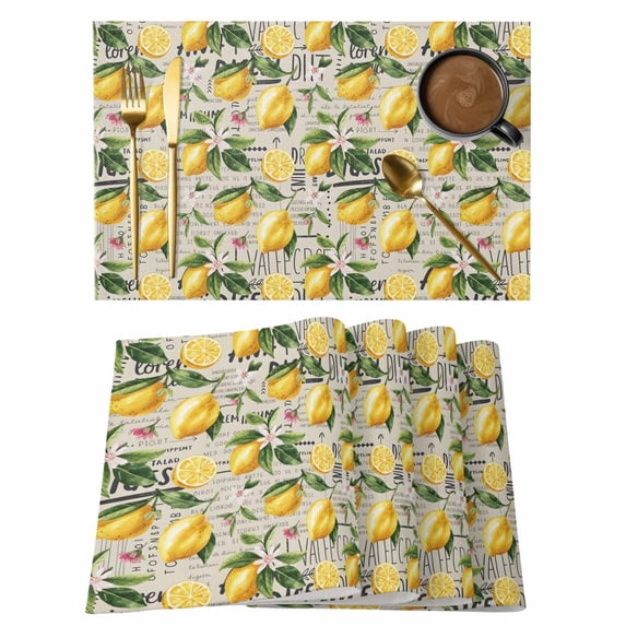 Summer Yellow Lemon Placemats Set of 4, Beige Vintage Pastoral Watercolor Placemats for Dining Table, Place Mats for Kitchen Tabletop, Waterproof Wipeable Dining Table Mats Set