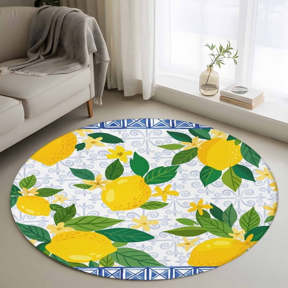 Summer Yellow Lemon Round Area Rug 3.3Ft Washable Circle Rugs for Dining Room Table, Blue Floral Fruits Non-Slip Carpet Floor Mats Indoor Outdoor Carpet Runner Aesthetic Home Decor