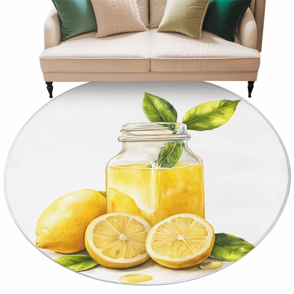 Summer Yellow Lemon Round Area&nbsp;Rug 6ft Fruit Juice Food Watercolor Texture Non-Slip&nbsp;Washable Circle Rugs Soft Felt Indoor Floor Mat for Bedroom Kitchen Living Room Bathroom