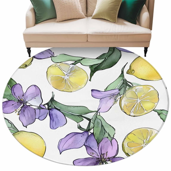 Summer Yellow Lemon Round Area&nbsp;Rug 8ft Plant Leaves Floral Watercolor Non-Slip&nbsp;Washable Circle Rugs Soft Felt Indoor Floor Mat for Bedroom Kitchen Living Room Bathroom