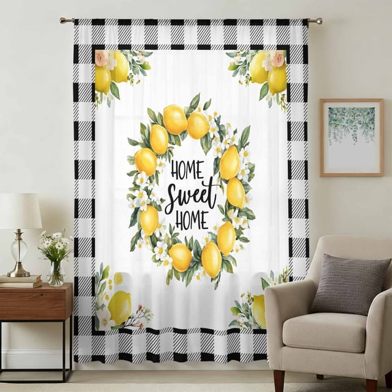 Summer Yellow Lemon Sheer Curtains 108 Inches Extra Long, Black Buffalo Plaid Farmhouse Light Filering Curtains, Privacy Drapes Simi Floor to Veiling Curtain for Living Room Bedroom Window Treatment