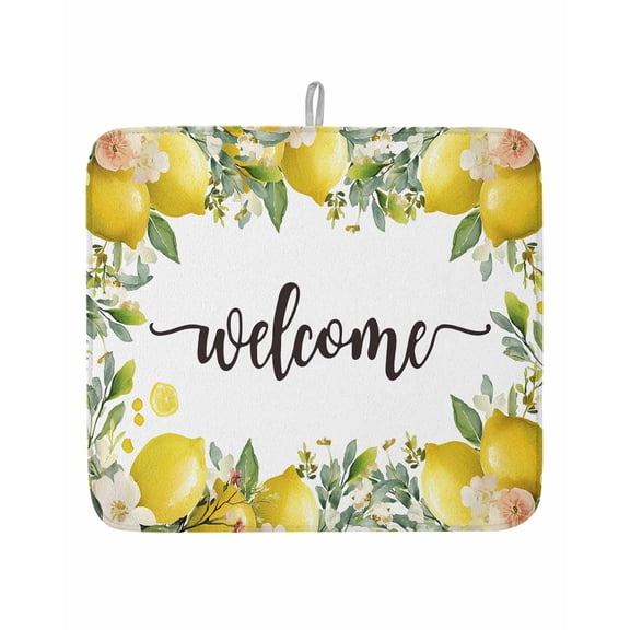Summer Yellow Lemon Welcome Quote Dish Drying Mats for Kitchen Counter,Absorbent Microfiber Dish Drainer Rack Mat Farmhouse Wild Flower Drying Pad for Sinks,Utensils,Countertops,16x18in