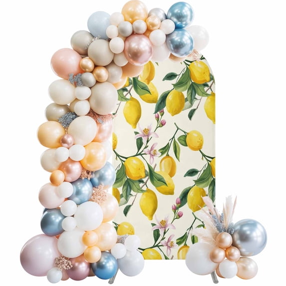 Summer Yellow Lemons Arch Backdrop Cover 4 FT Fruits Pink Flower Green Leaf Stretchy Elastic Arch Stand Covers Spandex Arched Background Birthday Wedding Party Decoration (No Stand)