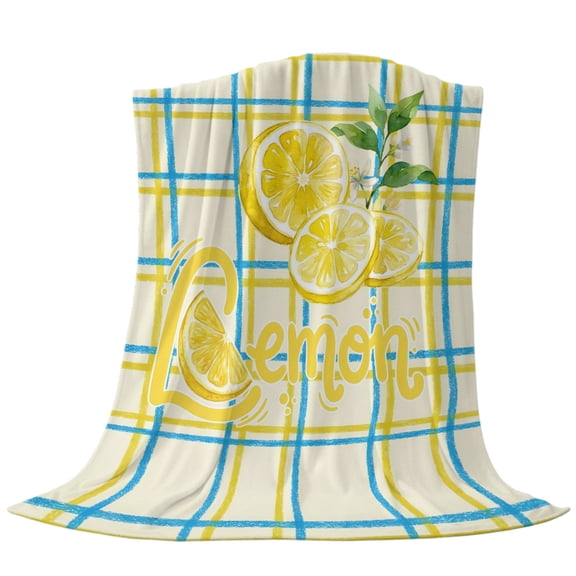 Summer Yellow Lemons Fleece Throw Blanket Lightweight Country Watercolor Flower Leaf Blue Yellow Plaid Fuzzy Flannel Throws Super Soft Cozy Flannel Blanket for Couch, Sofa, Bed, Travel 40"x50"