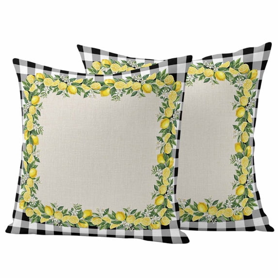 Summer Yellow Lemons Outdoor Pillow Covers Pack of 2 Country Vintage Watercolor Flower Black White Plaid Waterproof Throw Pillow Covers Decorative Cushion Cases for Patio Garden Tent 16x16 inch