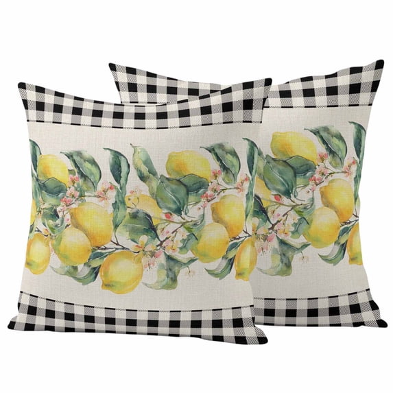 Summer Yellow Lemons Outdoor Pillow Covers Pack of 2 Pastoral Fruit Leaf Black Plaid Linen Waterproof Throw Pillow Covers Decorative Cushion Cases for Patio Garden Tent Balcony Couch 16x16 inch