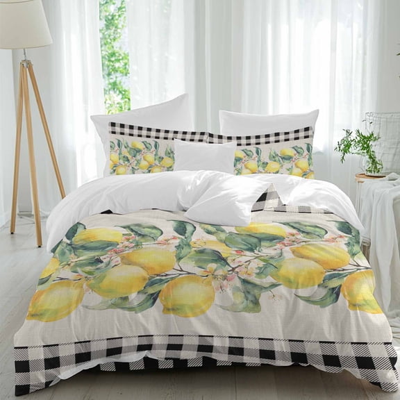 Summer Yellow Lemons Queen Size Comforter Set, Pastoral Fruit Leaf Black Plaid Linen Bedding for All Seasons, 4 Pcs Bed Set, 1Quiltcover (90"x92") ,1Sheet(94"x116"), 2Pillowcases (30"x20")