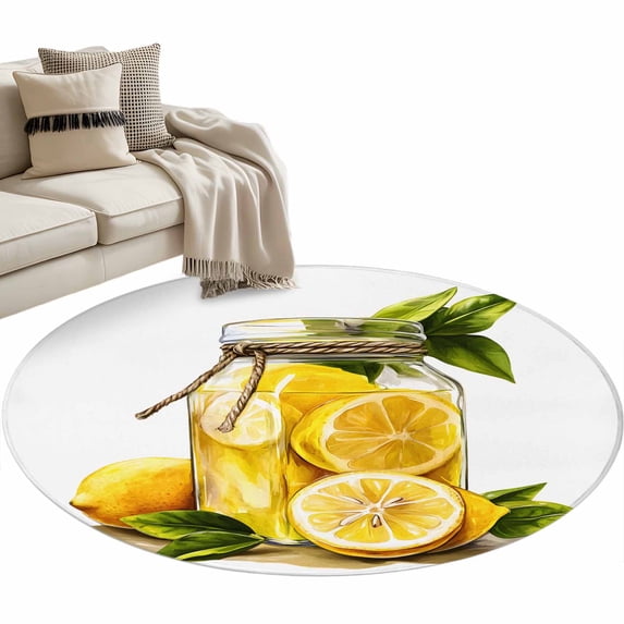Summer Yellow Lemons Round Area Rug 3ft Fruits in Bottle Hand Painted Non-Slip Washable Circle Rugs Soft Felt Indoor Floor Mat for Bedroom Kitchen Living Room Bathroom