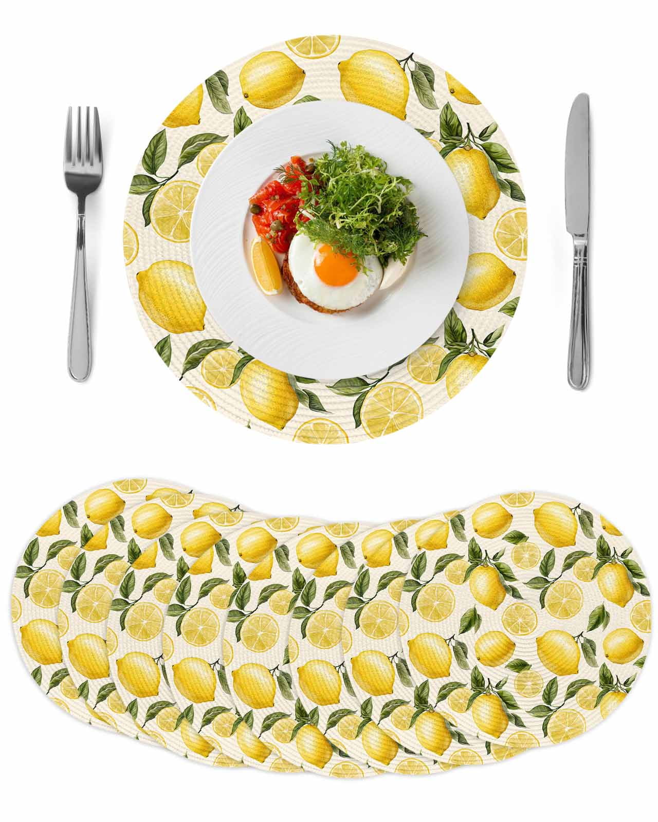 Summer Yellow Lemons Round Table Placemats set of 8, Watercolor Green Floral Leaves Washable Woven Place Mats for Dining Tables Kitchen Party Decor,Heat Proof, 15in,