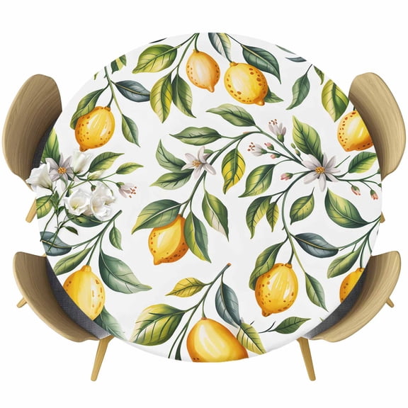 Summer Yellow Lemons Round Tablecloth, Fitted Table Cover with Elastic for 36"-44" Round Tables, Green Leaves Flowers Country Plants Table Cloth Outdoor Indoor Dinning Party Waterproof Tablecloths