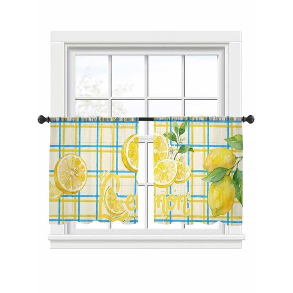 Summer Yellow Lemons Sheer Curtains 2 Panels Set Country Watercolor Flower Leaf Blue Yellow Plaid Sheer Window Curtains Light Filtering Rod Pocket Voile Drapes for Bedroom Living Room 52"x54"