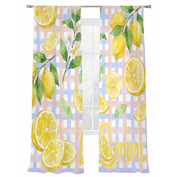 Summer Yellow Lemons Sheer Curtains 2 Panels Set Country Watercolor Green Leaf Pink Purple Plaid Sheer Window Curtains Light Filtering Rod Pocket Voile Drapes for Bedroom Living Room 52"X108"