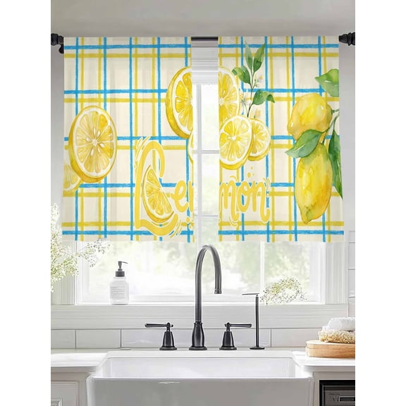 Summer Yellow Lemons Sheer Curtains 45 inches Long, Country Watercolor Flower Leaf Blue Yellow Plaid Light Filtering Sheer Window Curtains Rod Pocket Voile Drapes for Bedroom Living Room, 2 Panels