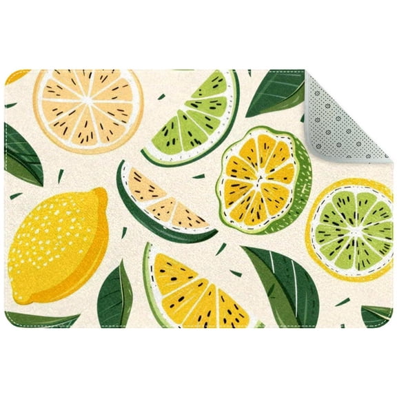 Summer Yellow Lemons and Sliced Fruits Small Area Rug, Non-Slip Door Mat Indoor Floor Mat, Washable Kitchen Rug Entrance DMat for Bedroom Living Room