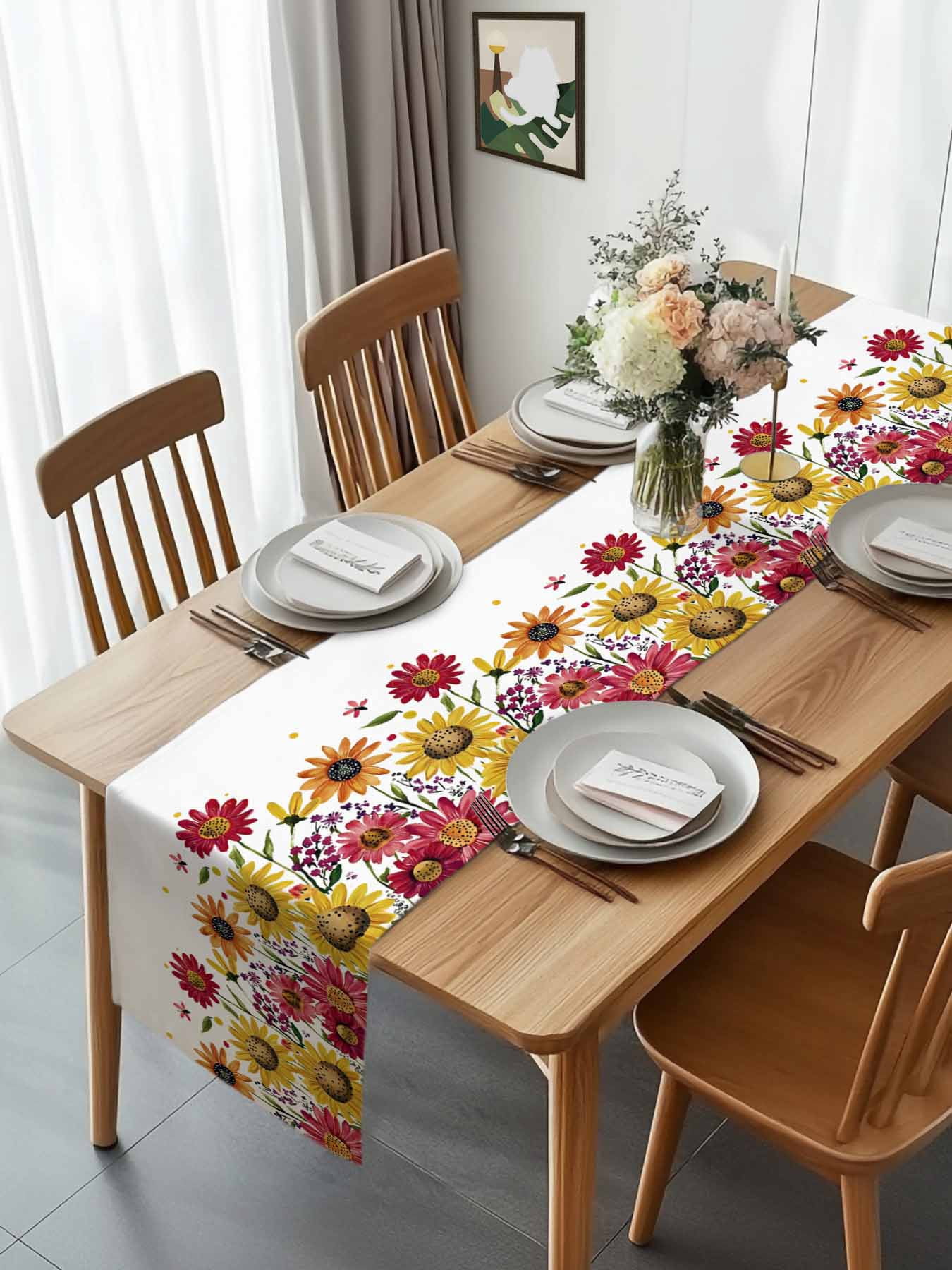Summer Yellow Red Chrysanthemum Table Runner 90 Inches Long, Watercolor Pastoral Floral Table Runners Tabletop Scarf Kitchen Dining Tables Decoration for Home Party Indoor Outdoor