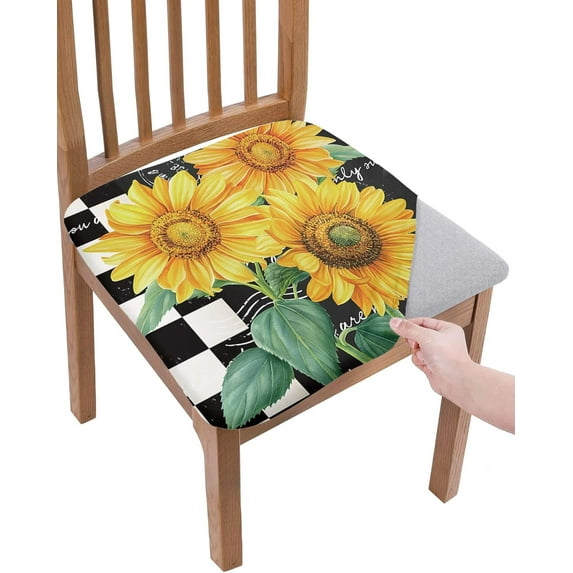 Summer Yellow Sunflower Chair Seat Covers, Black and White Plaid Farm Vintage Stretchable Dining Chair Seat Cushion Slipcovers with Buckle for Dining Room, Set of 4