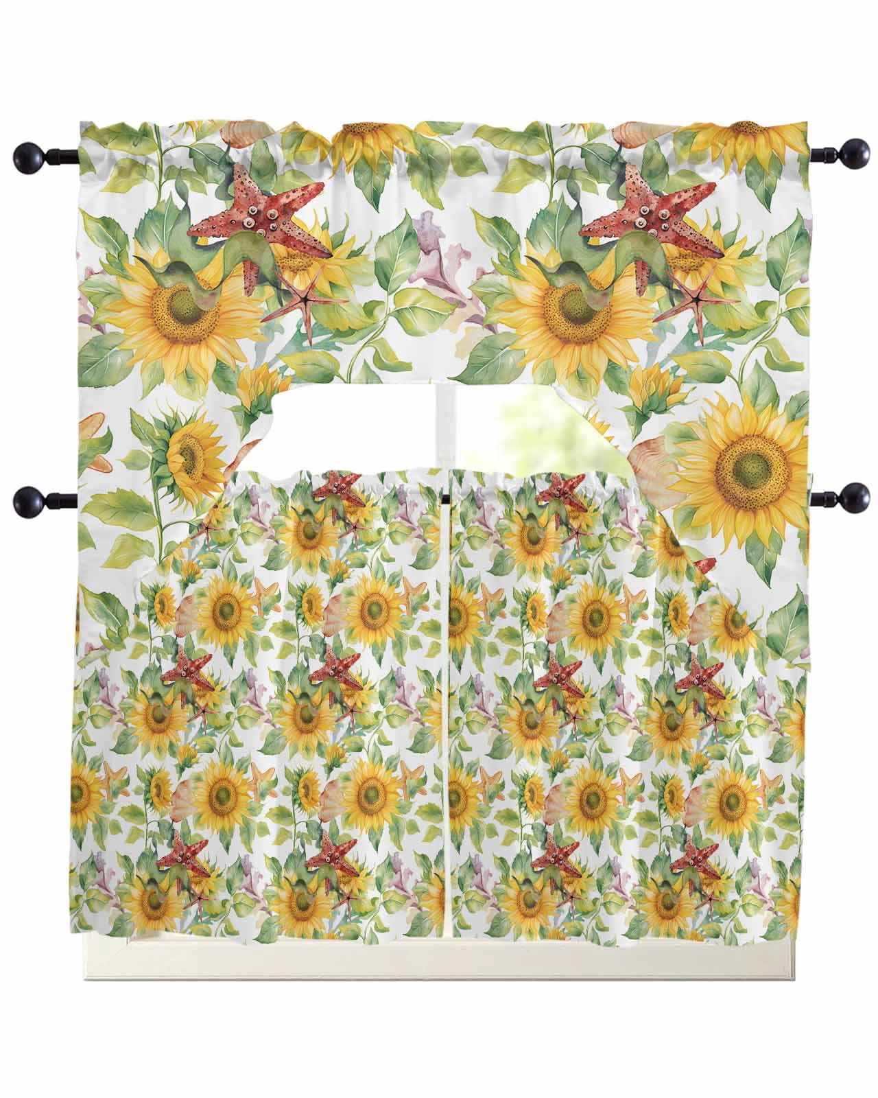 Summer Yellow Sunflower Kitchen Curtains Swag Valance and Tier Curtains ...
