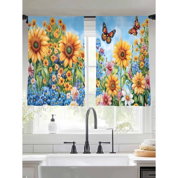 Summer Yellow Sunflower Sheer Curtains for Living Room Bedroom Daisy Wildflower Pastoral Sheer Curtains 45 Inch Long 2 Panels Set Light Filtering Curtain Window Treatments Drapes for Dining Room