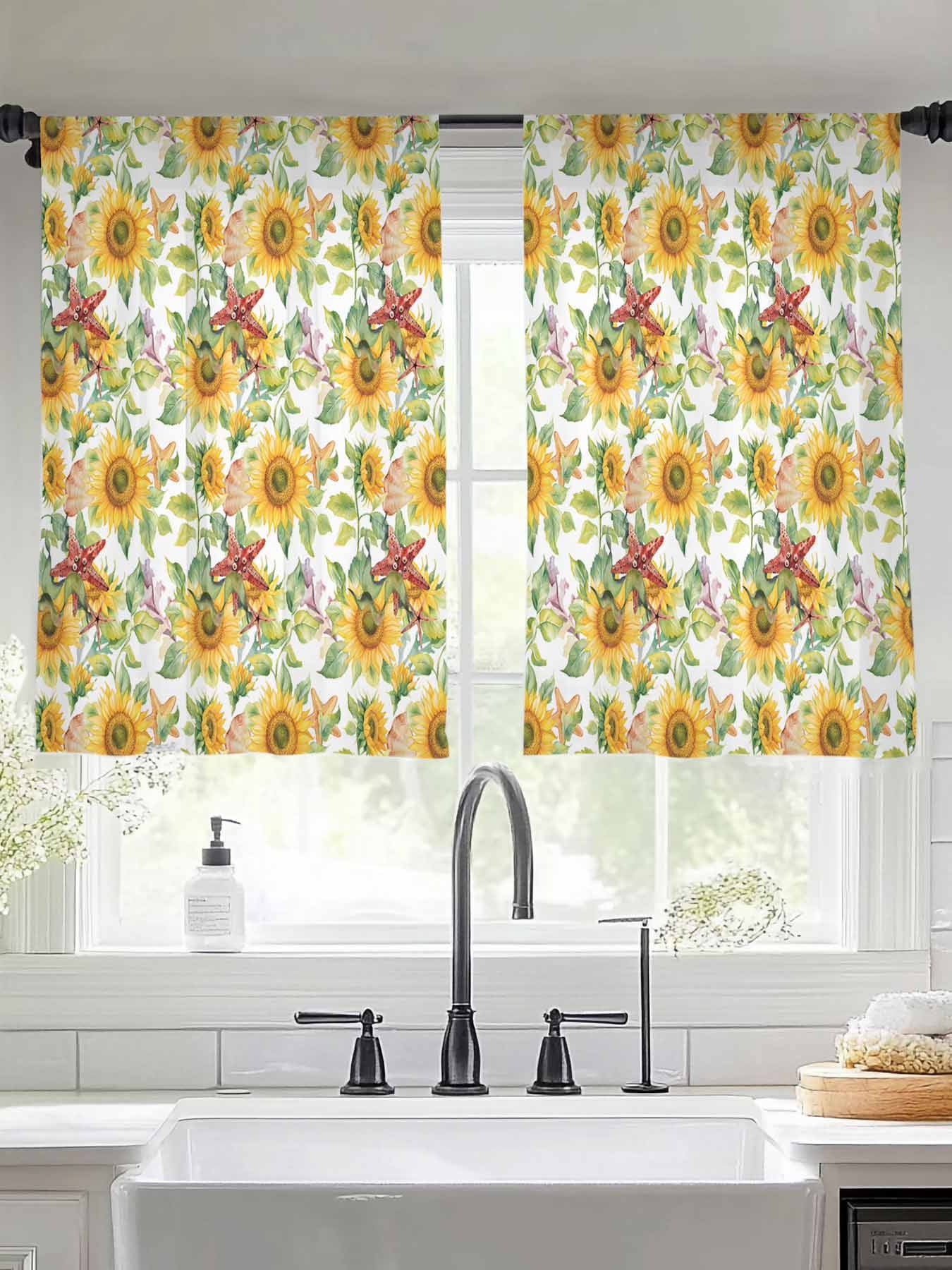 Summer Yellow Sunflower Sheer Curtains for Living Room Bedroom Green ...