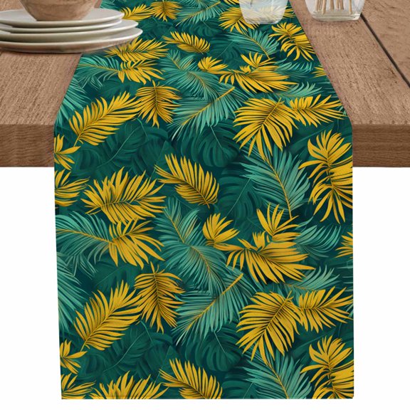 Summer Yellow Teal Green Leaves Table Runner-70 Inch Long Retro Tropical Plant Table Runners Linen Burlap Tablerunner for Kitchen Dining Room Holiday Party