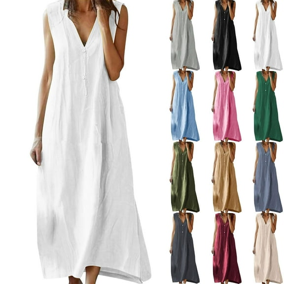 Summer Yellow Women Sleeveless Dresses Turndown Collar Cotton And Linen Button Causal Plus Size S-3XL