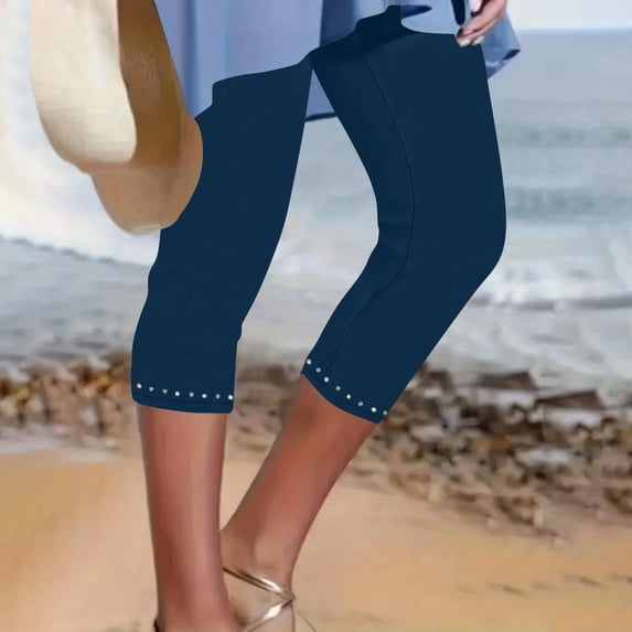 Summer Yoga Leggings For Women High Waisted Solid Color Capris Matching Slim Fitting Womens Capri Pants — Dark Blue∣M