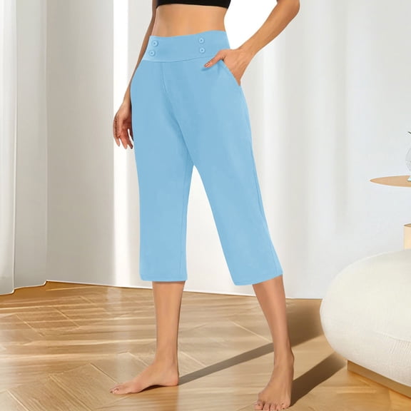 Summer Yoga Leggings For Women Stretch High Waisted Crop Office Work Pants Casual Yoga Gym Pants Light Blue S-3XL