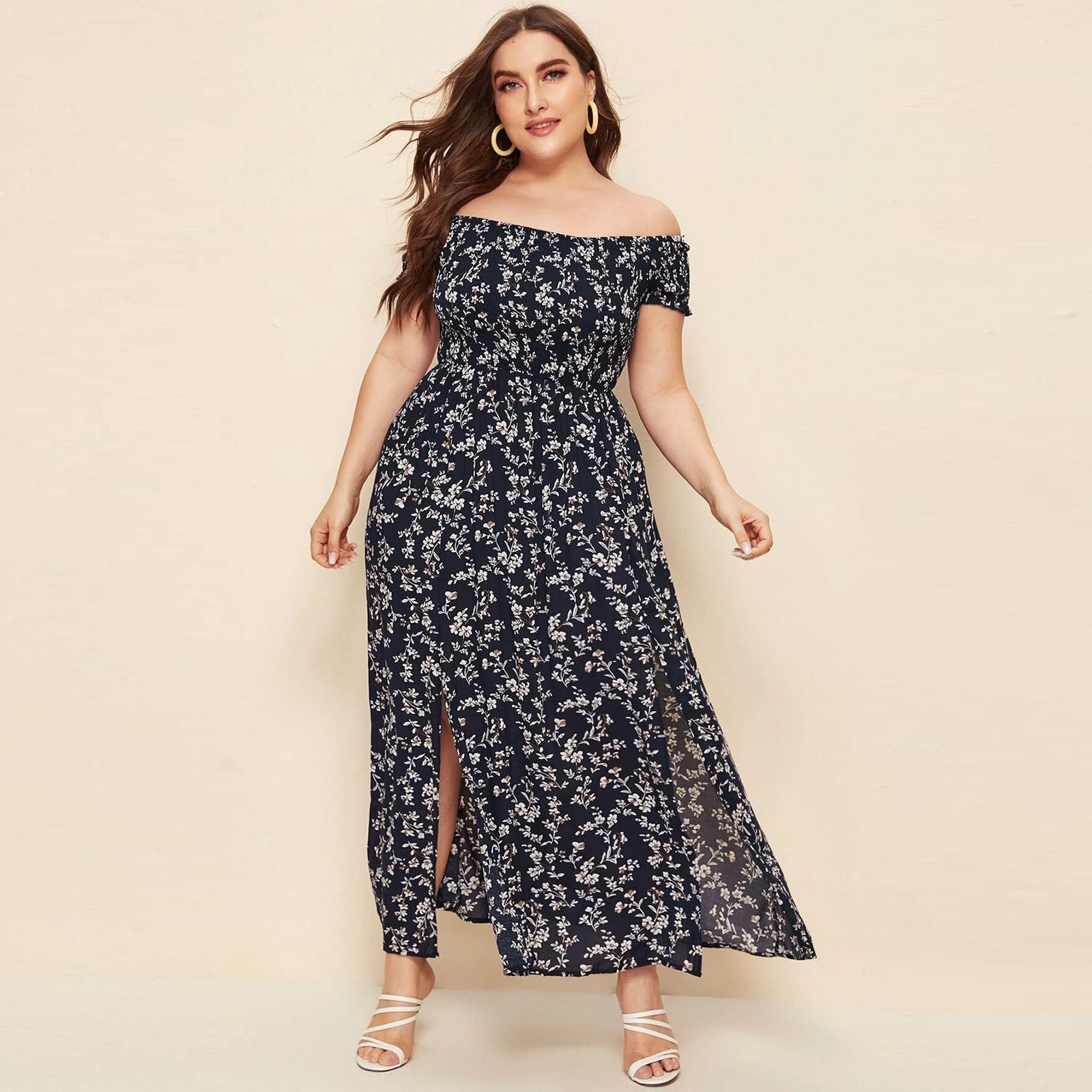 Summer and Spring Dresses for Women 2024 Casual Women Plus Size Plus Off  Shoulder Shirred Bodice Split Thigh Ditsy Floral Dress - Walmart.com