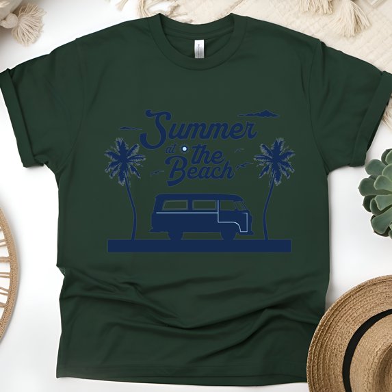 Summer at the Beach Van T-Shirt – Retro Palm Tree Graphic Tee, Forest Green, Size 2XL